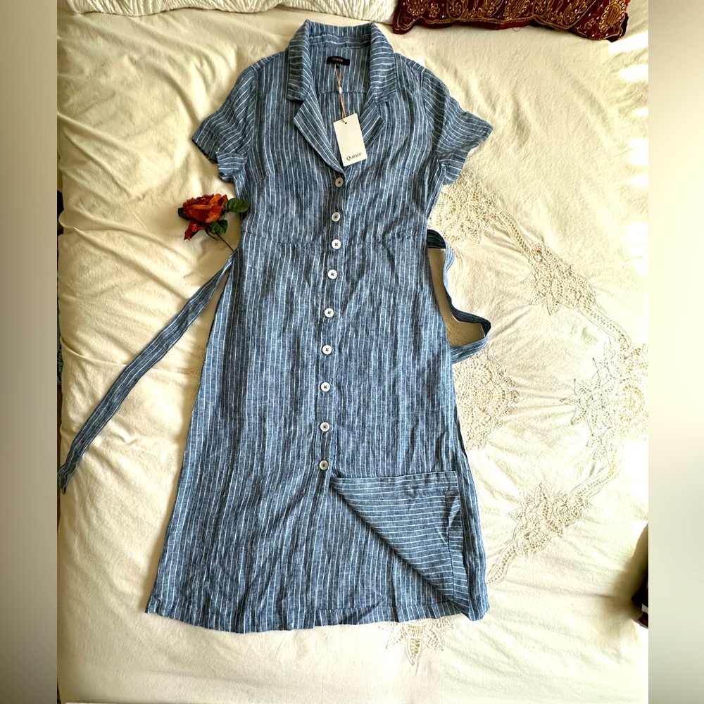 NWT Quince 100% Linen Shirt Dress Chambray Stripes, Small.